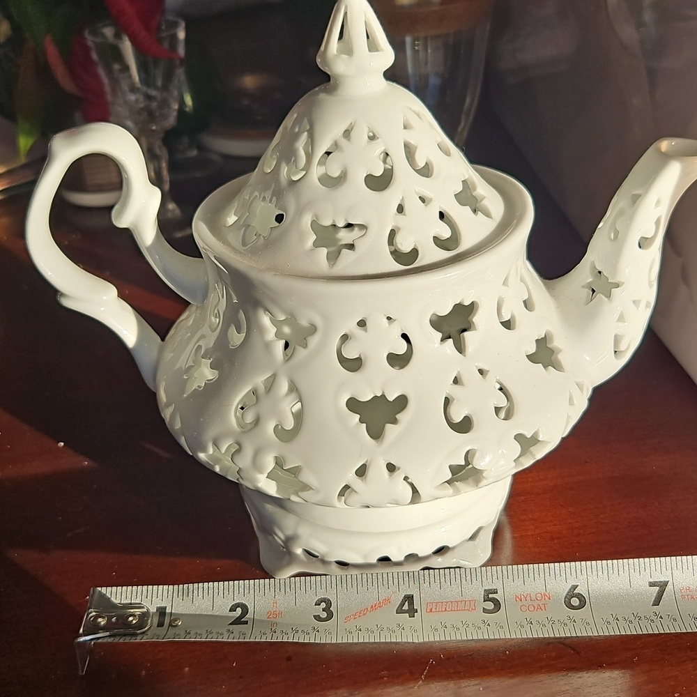 Teapot Shaped Votive Candle Holder White Ceramic Cutout Design